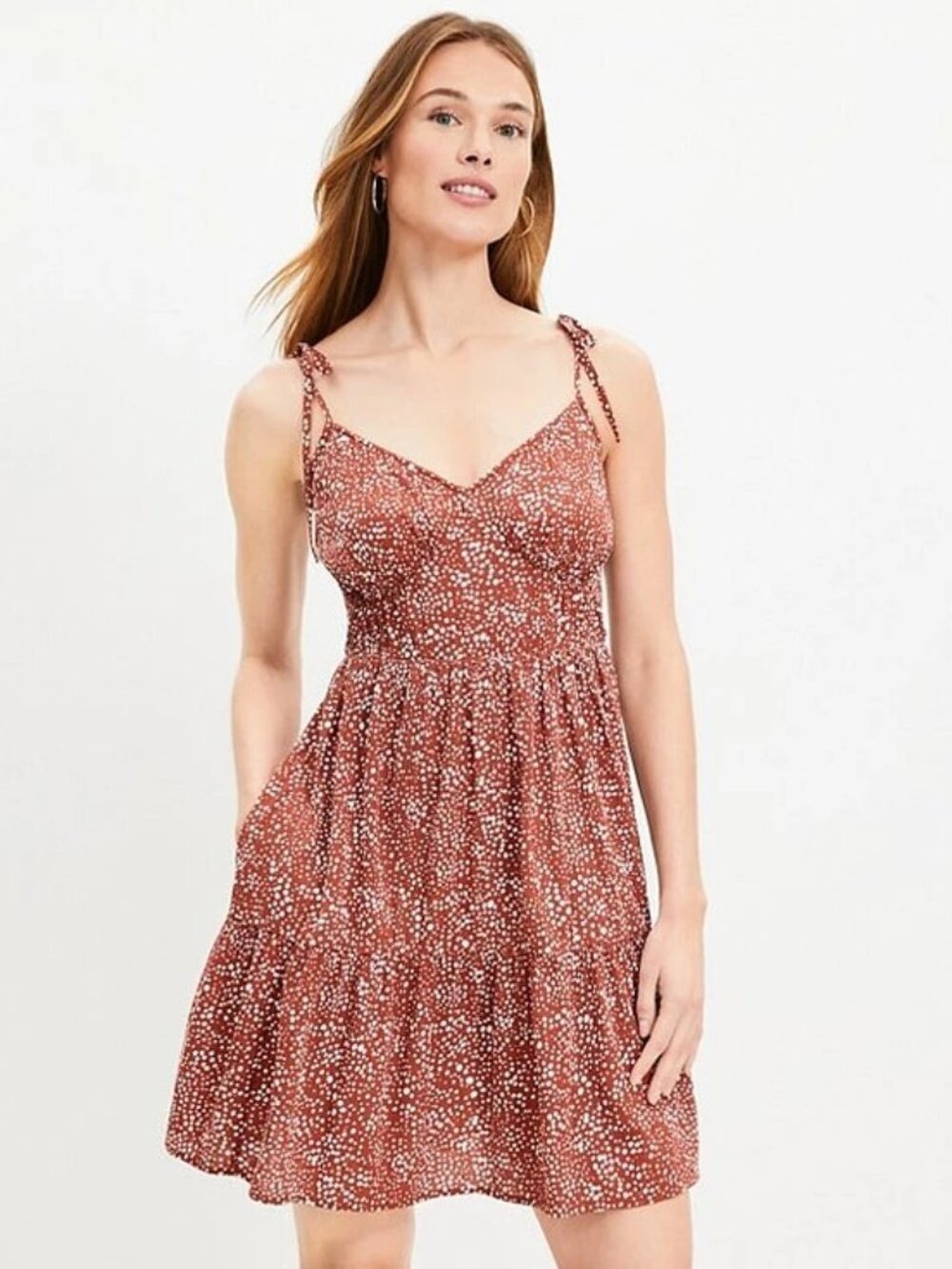 NEW LOFT Beach Cotton Dotted Tie Strap Tiered Mini Dress